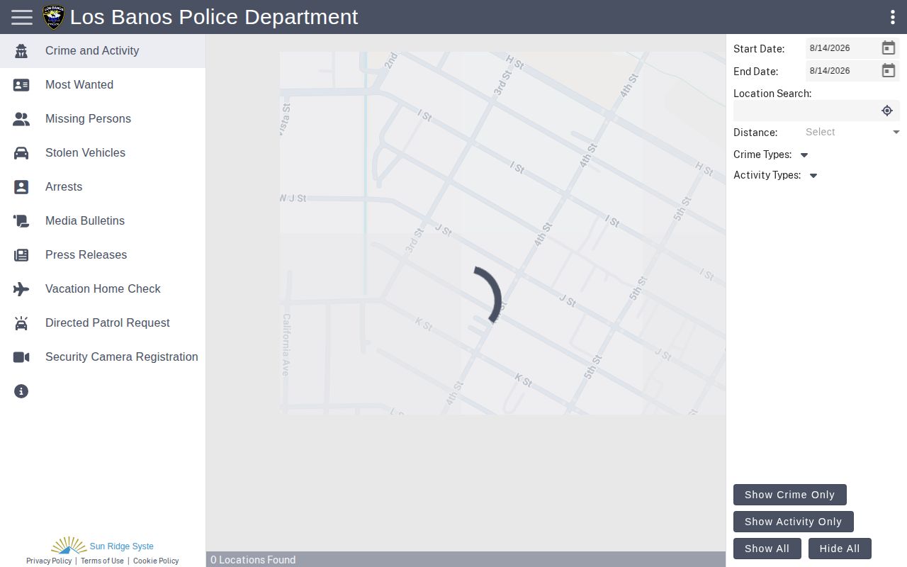 Los Banos Police arrest activity record map in Merced County