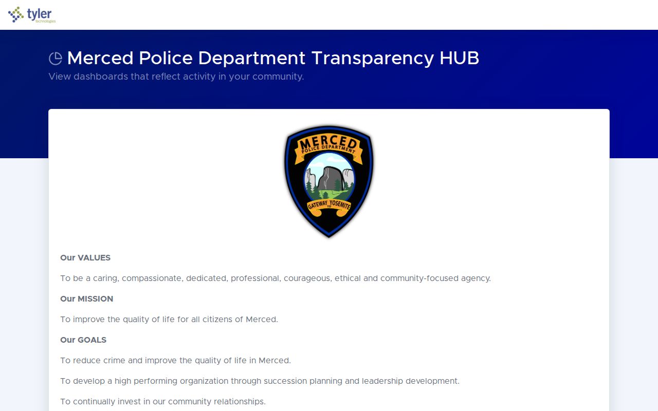 Merced County city arrest activity records on the Merced Police dashboard