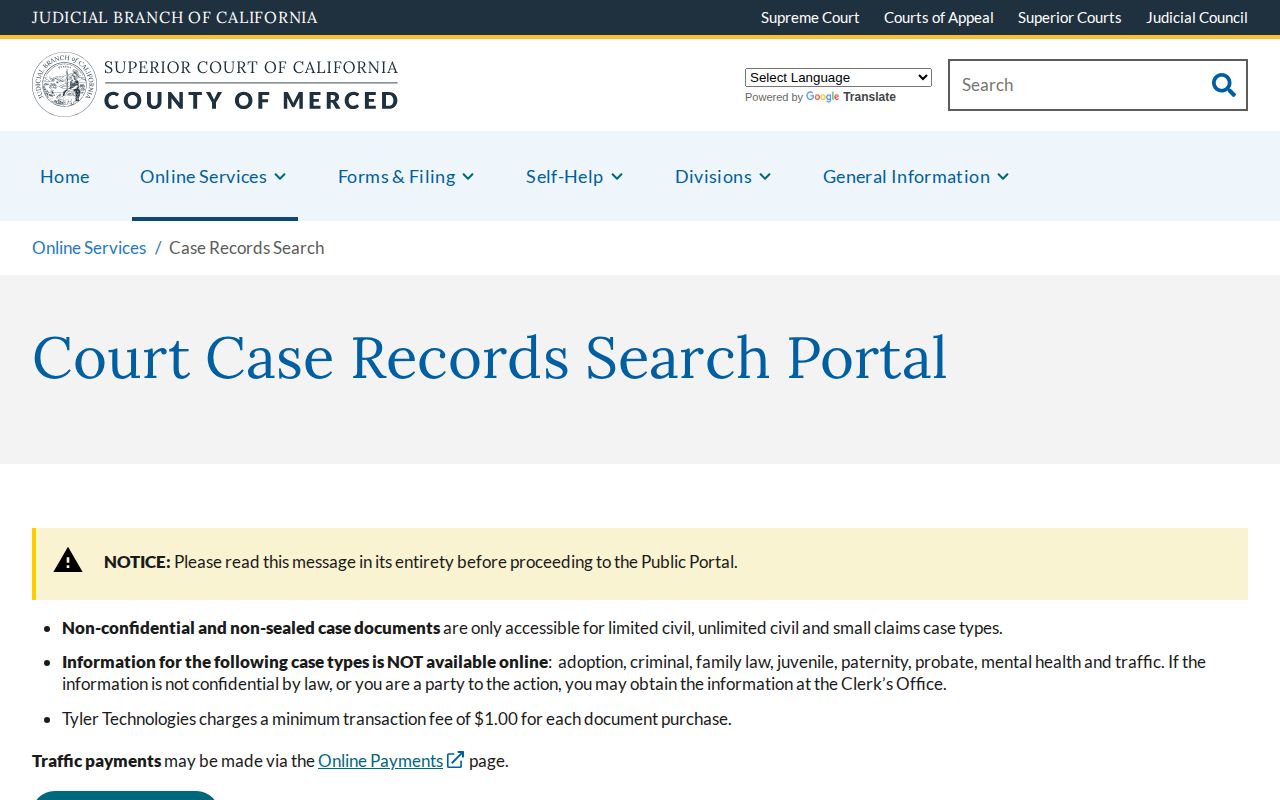 Merced County criminal court record access notice