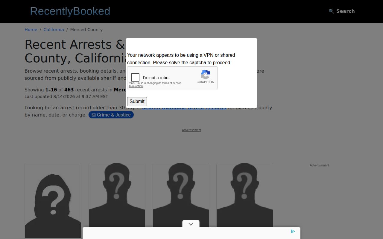 Merced County unofficial recent booking record publisher page