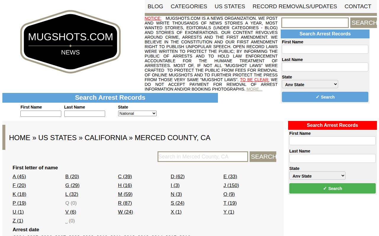 Merced County unofficial mugshot record catalog page