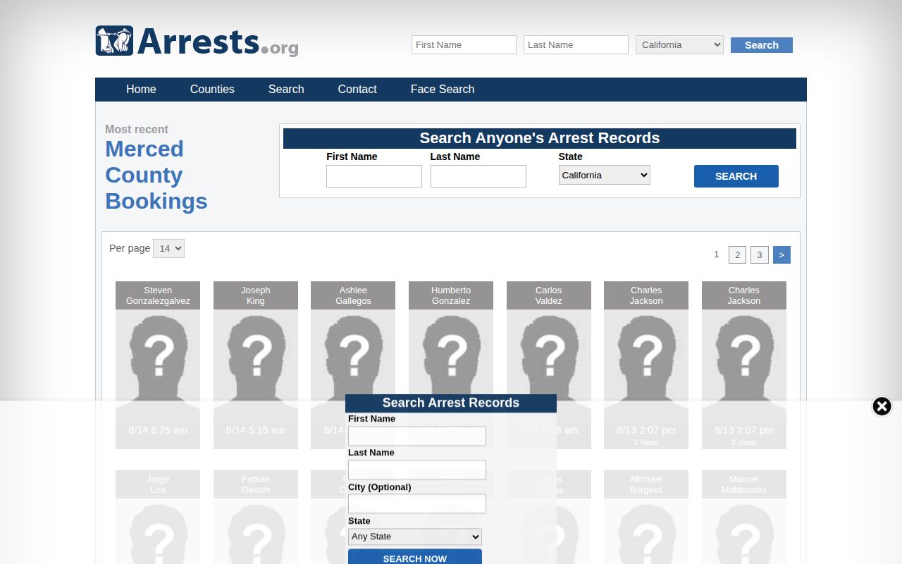 Merced County unofficial arrest record daily page