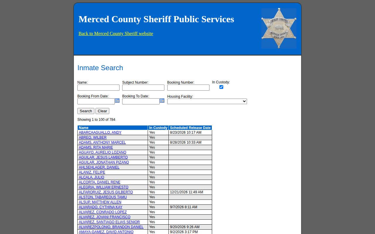 Merced County official jail roster booking search form